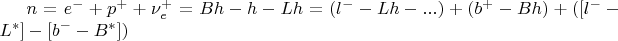$n = e^- + p^+ + \nu_e^+ = Bh-h-Lh = (l^--Lh-...) + (b^+-Bh) + ([l^--L^*]-[b^--B^*])$