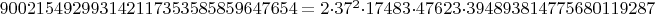 $900215492993142117353585859647654= 2 \cdot 37^2 \cdot 17483 \cdot 47623 \cdot 394893814775680119287$