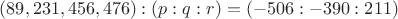 $(89, 231, 456, 476): (p:q:r)=(-506:-390:211)$
