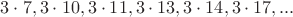 $3\cdot 7, 3\cdot 10, 3\cdot 11, 3\cdot 13, 3\cdot 14, 3\cdot 17, ...$