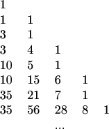 $$
\begin{tabular}{lllll}
1 & & & & \\
1 & 1 & & & \\
3 & 1 & & & \\
3 & 4 & 1 & & \\
10 & 5 & 1 & & \\
10 & 15 & 6 & 1 & \\
35 & 21 & 7 & 1 & \\
35 & 56 & 28 & 8 & 1 \\
& & ... & & \\
\end{tabular}
$$