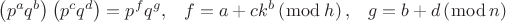 $$\begin{matrix}\left(p^a q^b\right)\left(p^c q^d\right)=p^f q^g,&f=a+c k^b\left(\bmod\,h\right),&g=b+d\left(\bmod\,n\right)\\ \end{matrix}$$