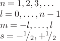 $\begin{array}{l}n=1,2,3,\ldots \\ l=0,\ldots,n-1 \\ m=-l,\ldots,l \\ s=-^1\!/_2,+^1\!/_2 \end{array}$