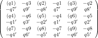 $\left( {\begin{array}{*{20}c}
   {\left( {q1} \right)} & { - q3} & {\left( {q2} \right)} & { - q1} & {\left( {q3} \right)} & { - q2}  \\
   { - q7'} & {q9'} & { - q8'} & {q7'} & { - q9'} & {q8'}  \\
   {\left( {q4} \right)} & { - q6} & {\left( {q5} \right)} & { - q4} & {\left( {q6} \right)} & { - q5}  \\
   { - q1'} & {q3'} & { - q2'} & {q1'} & { - q3'} & {q2'}  \\
   {\left( {q7} \right)} & { - q9} & {\left( {q8} \right)} & { - q7} & {\left( {q9} \right)} & { - q8}  \\
   { - q4'} & {q6'} & { - q5'} & {q4'} & { - q6'} & {q5'}  \\
\end{array}} \right)$