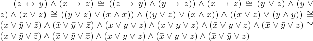 $(z\leftrightarrow\bar{y})\wedge(x\rightarrow z)\cong((z\rightarrow\bar{y})\wedge(\bar{y}\rightarrow z))\wedge(x\rightarrow z)\cong(\bar{y}\vee\bar{z})\wedge(y\vee z)\wedge(\bar{x}\vee z)\cong((\bar{y}\vee\bar{z})\vee(x\wedge\bar{x}))\wedge((y\vee z)\vee(x\wedge\bar{x}))\wedge((\bar{x}\vee z)\vee(y\wedge\bar{y}))\cong(x\vee\bar{y}\vee\bar{z})\wedge(\bar{x}\vee\bar{y}\vee\bar{z})\wedge(x\vee y\vee z)\wedge(x\vee y\vee z)\wedge(\bar{x}\vee y\vee z)\wedge(\bar{x}\vee\bar{y}\vee z)\cong(x\vee\bar{y}\vee\bar{z})\wedge(\bar{x}\vee\bar{y}\vee\bar{z})\wedge(x\vee y\vee z)\wedge(\bar{x}\vee y\vee z)\wedge(\bar{x}\vee\bar{y}\vee z)$