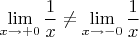 $\displaystyle\lim\limits_{x\to +0}\dfrac{1}{x} \ne \displaystyle\lim\limits_{x\to -0}\dfrac{1}{x}$