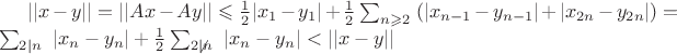 $||x-y||=||Ax-Ay||\leqslant\frac{1}{2}|x_1-y_1|+\frac{1}{2}\sum_{n \geqslant 2}\ (|x_{n-1}-y_{n-1}|+|x_{2n}-y_{2n}|)=
\sum_{2|n}\ |x_{n}-y_{n}|+\frac{1}{2}\sum_{2\not| n}\ |x_{n}-y_{n}|<||x-y||$