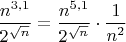 $\dfrac{n^{3,1}}{2^{\sqrt{n}}}=\dfrac{n^{5,1}}{2^{\sqrt{n}}}\cdot\dfrac1{n^2}$