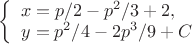 $\left\{ \begin{array}{l}
x=p/2-p^2/3+2,\\
y=p^2/4-2p^3/9+C
\end{array} \right.$