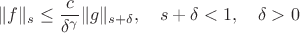 $$\|f\|_s\le \frac{c}{\delta^\gamma}\|g\|_{s+\delta},\quad s+\delta<1,\quad \delta>0$$ $$\|f\|_s\le \frac{c}{\delta^\gamma}\|g\|_{s+\delta},\quad s+\delta<1,\quad \delta>0$$