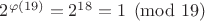 $2^{\varphi(19)}=2^{18}=1 \pmod{19}$