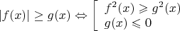 $|f(x)|\ge g(x) \Leftrightarrow \left[\begin{array}{l}
 f^2(x)\geqslant g^2(x)\\ 
g(x)\leqslant 0\\
\end{array}\right.$
