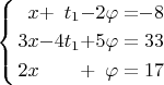 $\left\{ \begin{alignedat}{4}x & + & t_{1} & - & 2\varphi & = & -8\\
3x & - & 4t_{1} & + & 5\varphi & = & 33\\
2x &  &  & + & \varphi & = & 17
\end{alignedat}
\right.$
