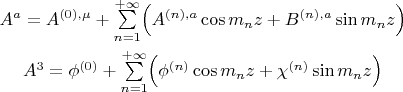 \begin{eqnarray*}&A^a=A^{(0),\mu}+\sum\limits_{n=1}^{+\infty}\Bigl(A^{(n),a}\cos{m_nz}+B^{(n),a}\sin{m_nz}\Bigr)\\
&A^3=\phi^{(0)}+\sum\limits_{n=1}^{+\infty}\Bigl(\phi^{(n)}\cos{m_nz}+\chi^{(n)}\sin{m_nz}\Bigr)\end{eqnarray*}