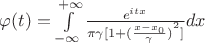 $\[\varphi (t) = \int\limits_{ - \infty }^{ + \infty } {\frac{{{e^{itx}}}}{{\pi \gamma [1 + {{(\frac{{x - {x_0}}}{\gamma })}^2}]}}dx} \]$