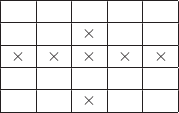 \begin{tabular}{|c|c|c|c|c|}
\hline
& & & & \\
\hline
& & \times & & \\
\hline
\times & \times & \times & \times & \times \\
\hline
& & & & \\
\hline
& & \times & & \\
\hline
\end{tabular}