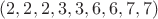 $(2, 2, 2, 3, 3, 6, 6, 7, 7)$ $(2, 2, 2, 3, 3, 6, 6, 7, 7)$