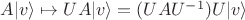 $A|v\rangle \mapsto UA |v\rangle = (UAU^{-1})U|v\rangle$