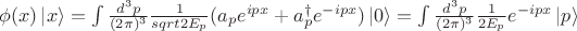 $\phi(x) \left\lvert x\right\rangle = \int \frac{d^3 p}{(2\pi)^3}\frac{1}{sqrt{2E_p}}(a_p e^{ipx} + a_p^{\dagger} e^{-ipx}) \left\lvert 0 \right\rangle = \int \frac{d^3 p}{(2\pi)^3}\frac{1}{2E_p}e^{-ipx}\left\lvert p \right\rangle$