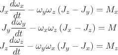 \begin{array}{c}
J_{x}\dfrac{d\omega_{x}}{dt}-\omega_{y}\omega_{z}\left(J_{z}-J_{y}\right)=M_{x}\\
J_{y}\dfrac{d\omega_{y}}{dt}-\omega_{x}\omega_{z}\left(J_{x}-J_{z}\right)=M_{у}\\
J_{z}\dfrac{d\omega_{z}}{dt}-\omega_{y}\omega_{x}\left(J_{y}-J_{x}\right)=M_{z}\end{array}