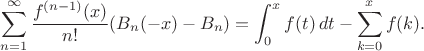 $$\sum_{n=1}^{\infty} \frac{f^{(n-1)} (x)}{n!}(B_n(-x)-B_n)=\int_{0}^x f(t)\,dt-\sum_{k=0}^x f(k).$$