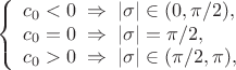 $$
   \left\{\begin{array}{l}
      c_0<0\;\Rightarrow\; |\sigma|\in(0,\pi/2),\\
      c_0=0\;\Rightarrow\; |\sigma|=\pi/2,\\
      c_0>0\;\Rightarrow\; |\sigma|\in(\pi/2,\pi),
   \end{array}\right.
$$