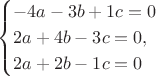 $$
\begin{cases}
-4a-3b+1c=0\\
2a+4b-3c=0,\\
2a+2b-1c=0
\end{cases}
$$