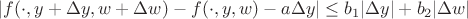 $|f(\cdot,y+\Delta y, w+\Delta w)-f(\cdot,y,w)-a \Delta y| \le b_1 |\Delta y|+b_2 |\Delta w|$