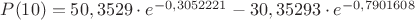 $P(10) = 50,3529 \cdot e ^ {-0,3052221} - 30,35293 \cdot e ^ {-0,7901608}$