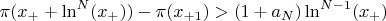$\pi(x_{+}+\ln^N(x_{+}))-\pi(x_{+1})>(1+a_N) \ln^{N-1}(x_{+})$