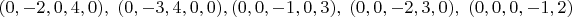 $(0,-2,0,4,0),\ (0,-3,4,0,0), (0,0,-1,0,3),\ (0,0,-2,3,0),\ (0,0,0,-1,2)$
