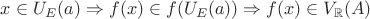 $x \in U_{E}(a) \Rightarrow f(x) \in f(U_{E}(a)) \Rightarrow f(x) \in V_{\mathbb{R}}(A)$