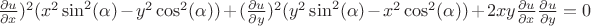 $\frac{\partial u}{\partial x})^2 (x^2 \sin^2(\alpha) - y^2 \cos^2(\alpha)) +(\frac{\partial u}{\partial y})^2( y^2 \sin^2(\alpha) - x^2 \cos^2(\alpha)) + 2 x y \frac{\partial u}{\partial x}\frac{\partial u}{\partial y} = 0$