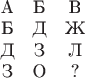 $$\begin{displaymath}

 \begin{array}{ccc}
\text{А} & \text{Б} & \text{В} \\
\text{Б} & \text{Д} & \text{Ж} \\
\text{Д} & \text{З} & \text{Л} \\
\text{З} & \text{О} & \text{?} \\
\end{array}
\end{displaymath}$$