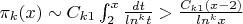 \pi_k(x) \sim C_{k1}\int_{2}^{x}{\frac {dt} {ln^k t}}>\frac {C_{k1}(x-2)} {ln^k x}