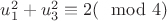 $u_{1}^2+u_{3}^2\equiv2(\mod4)$