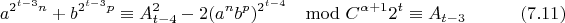 $$a^{2^{t-3}n}+b^{2^{t-3}p}\equiv A_{t-4}^2-2(a^nb^p)^{2^{t-4}}\mod C^{\alpha+1}2^t \equiv A_{t-3} \eqno(7.11)$$