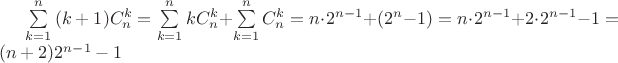 $\sum\limits_{k=1}^n{(k+1)C_n^k}=\sum\limits_{k=1}^n{kC_n^k}+\sum\limits_{k=1}^n{C_n^k}=n\cdot2^{n-1}+(2^n-1)=n\cdot2^{n-1}+2\cdot2^{n-1}-1=(n+2)2^{n-1}-1$
