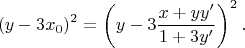 $$(y-3x_0)^2=\left(y-3\frac{x+yy'}{1+3y'}\right)^2.$$