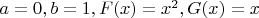 $a=0,b=1, F(x)=x^2, G(x)=x$