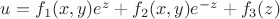 $u=f_1(x,y)e^z+f_2(x,y)e^{-z}+f_3(z)$