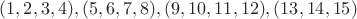 $(1, 2, 3, 4), (5, 6, 7, 8), (9, 10, 11, 12), (13, 14, 15)$