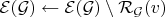 $\mathcal{E}(\mathcal{G})\gets\mathcal{E}(\mathcal{G})\setminus\mathcal{R}_\mathcal{G}(v)$