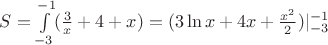 $S=\int\limits_{-3}^{-1}(\frac{3}{x}+4+x)=(3\ln x+4x+\frac{x^2}{2})|^{-1}_{-3} $
