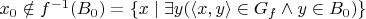$x_0 \notin f^{-1}(B_0)=\{x \mid \exists y ( \langle x,y \rangle \in G_f \land y \in B_0 ) \}$