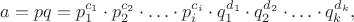 $$a=pq=p_{1}^{c_{1}}\cdot p_{2}^{c_{2}}\cdot \ldots \cdot p_{i}^{c_{i}}\cdot q_{1}^{d_{1}}\cdot q_{2}^{d_{2}}\cdot \ldots \cdot q_{k}^{d_{k}},$$