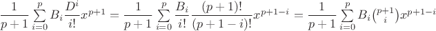 $\dfrac1{p+1}\sum\limits_{i=0}^{p}B_i\dfrac{D^i}{i!}x^{p+1}=\dfrac1{p+1}\sum\limits_{i=0}^{p}\dfrac{B_i}{i!} \dfrac {(p+1)!}{(p+1-i)!}x^{p+1-i}=\dfrac1{p+1}\sum\limits_{i=0}^{p}B_i\binom{p+1}{i}x^{p+1-i}$