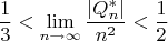 $$\frac{1}{3} < \lim\limits_{n \to \infty} \frac{|Q_n^*|}{n^2} < \frac{1}{2}$$