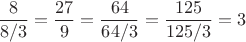 $$\frac{8}{8/3}=\frac{27}{9}=\frac{64}{64/3}=\frac{125}{125/3}=3$$
