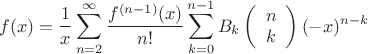 $$
f(x)=\frac{1}{x}\sum _{n=2}^{\infty } \frac{ f^{(n-1)}(x)}{n!}\sum _{k=0}^{n-1} B_k \left(
\begin{array}{c}
 n \\
 k
\end{array}
\right) (-x)^{n-k}
$$